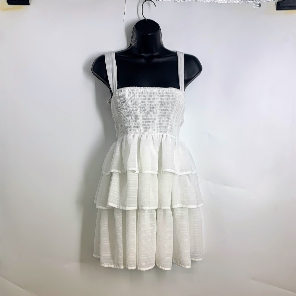 White Smocked Tiered Ruffle Mini Dress Sleeveless Square Neck Textured Summer